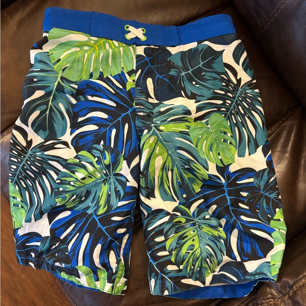 Boys Blue & Green Tropical Swim Trunks Size Medium 10-12